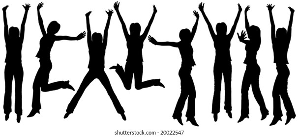 Set of editable vector silhouettes of jumping women