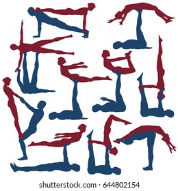 Set of editable vector silhouettes of man and woman in various acroyoga positions 