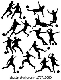 Set of editable vector silhouettes of men playing football with all figures as separate objects