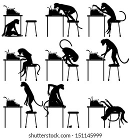 Set of editable vector silhouettes of monkeys and typewriters with all figures as separate objects