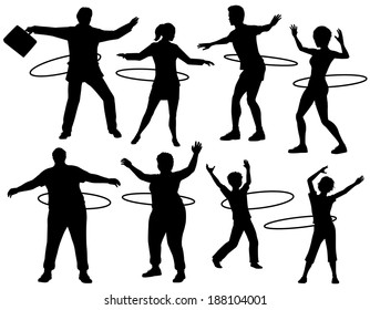 Set of editable vector silhouettes of people exercising with a hula hoop with figures and hoops as separate objects