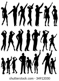 Set of editable vector silhouettes of people looking and pointing upwards