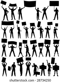 Set of editable vector silhouettes of protesters and banners with all elements as separate objects