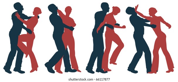 Set of editable vector silhouettes of self defense moves for women