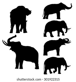 Set of editable vector silhouettes of Thai elephants in various poses