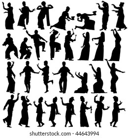 Set of editable vector silhouettes of traditional Thai dancers