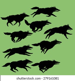 Set Of Editable Vector Silhouettes Of Wolves, Running Wolf Pack