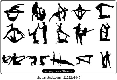 Set of editable vector silhouettes of woman in various acroyoga positions
