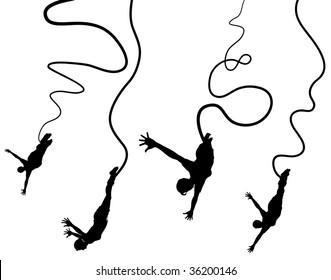 Set of editable vector silhouettes of women bungy jumping