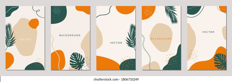 Set of editable vector story templates. Layouts with hand drawn organic shapes and leafs. Abstract backgrounds.Trendy design for social media marketing.Social media kit.