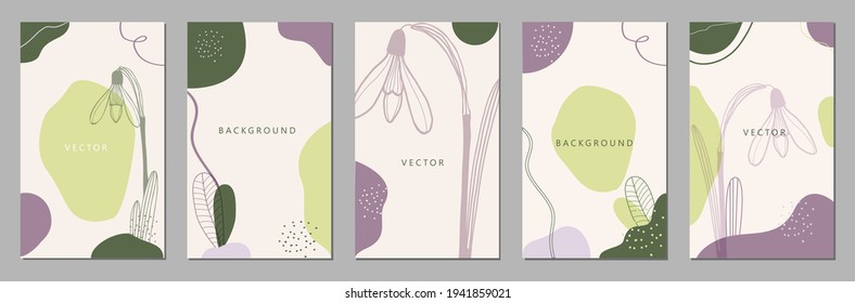 Set of editable vector story templates. Layouts with hand drawn organic shapes, flowers and leaves. Abstract backgrounds. Trendy design for social media marketing. Social media kit. Spring topic.