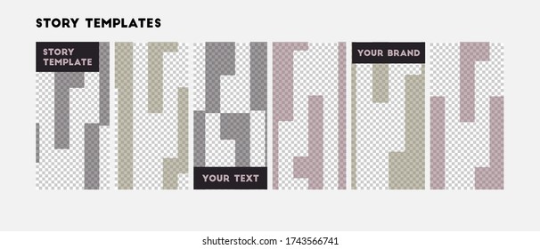 Set of editable vector template for social media story. Abstract design  with purple, grey colors