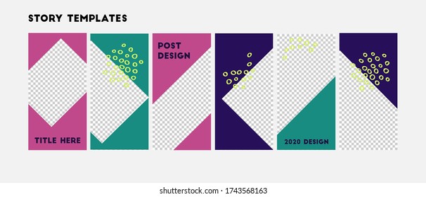 Set of editable vector template for social media story. Abstract design  with pink, dark blue colors