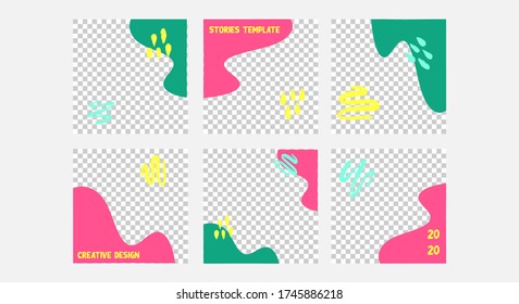 Set of editable vector template for social media post. Abstract design  with green, pink colors