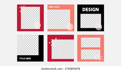 Set of editable vector template for social media post. Abstract design  with black, salmon, red colors