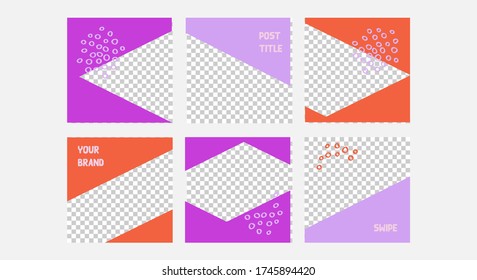 Set of editable vector template for social media post. Abstract design  with purple, orange colors