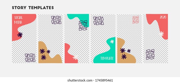 Set of editable vector template for social media story. Abstract design  with  blue, pink, brown colors