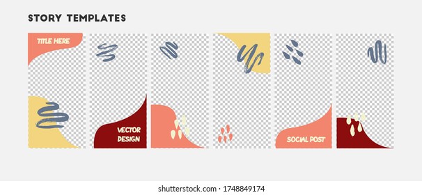 Set of editable vector template for social media story. Abstract design  with yellow, grey, brick red colors