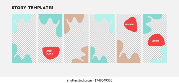 Set of editable vector template for social media story. Abstract design  with beige, mint, red colors