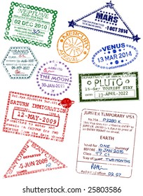 Set of editable vector visas from different planets