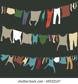 Set of editable vector washing lines with colorful drying clothes