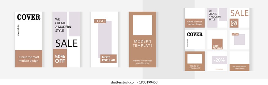 Set of editable vertical and square photo collage banners. Minimalist instagram templates for social media posting and online advertising. Classic Gold color style. Trend vector illustration.