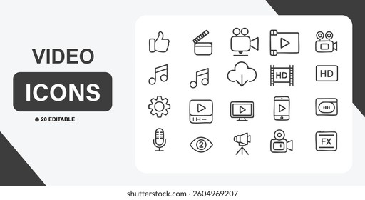 a set of editable video icons in a modern outline style. perfect for multimedia projects, web design, and user interfaces. vector illustration for design and creative projects. Includes camera, play, 