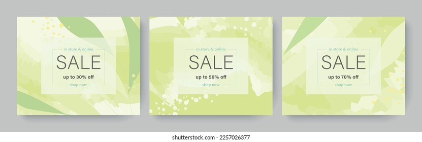 Set of editable web templates for spring sale. Minimalistic vector illustrations in pastel warm green colors with botanical and abstract elements.