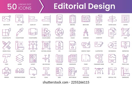 Conjunto de iconos de diseño editorial. Conjunto de iconos de estilo de degradado. Ilustración vectorial