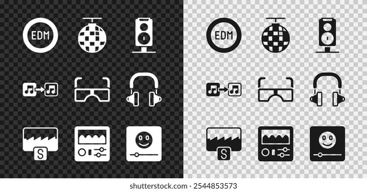 Conjunto de música electrónica de baile EDM, bola de disco, altavoz estéreo, ecualizador de onda de música, máquina de tambor, reproductor, nota, tono e icono de gafas. Vector