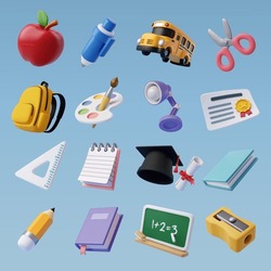 Set Of Education 3d Icons, Back To School Concept. Eps 10 Vector.