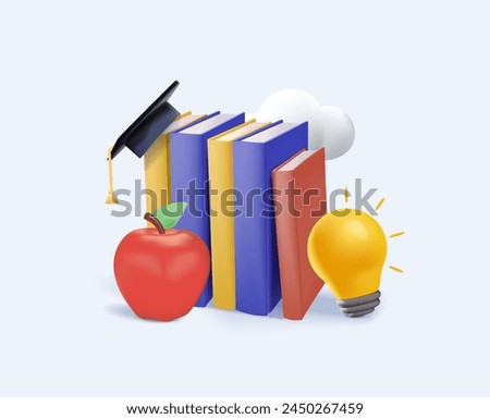 Set of education 3d icons, Back to school concept. Digital Online Education Application learning world. Book lecture pencil, lamp and checklist. 3D vector Illustration