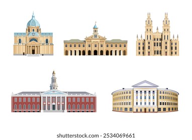 Set of education buildings. Sorbonne University, Cambridge University, Oxford University, Garvard University, Kyiv-Mohyla Academy. Vector art illustration