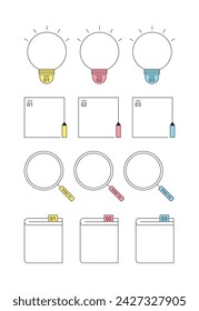 Un conjunto de ilustraciones infográficas de conceptos educativos con un diseño de línea minimalista. Infografía en forma de bombilla, lápiz, lupa y libro.