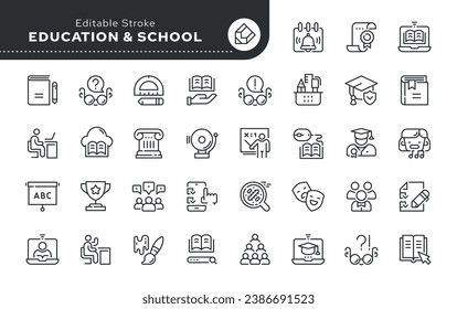 Conjunto de iconos de línea de concepto de educación en estilo lineal de contorno. Icono - estudio en la escuela, universidad e instituto, conocimiento escolar, escolar, estudiante y profesor. Paquete de vectores.