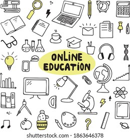 Set of Education doodles. Learning hand-drawn elements. Vector illustration on white background. Online education