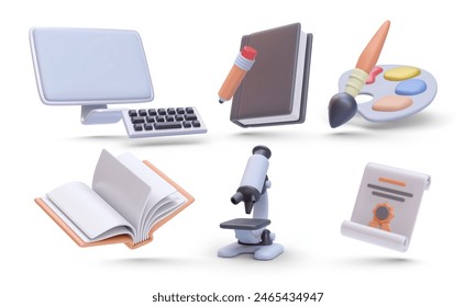 Set of education elements book, computer, paint brush, microscope, diploma in 3d realistic style. Vector illustration