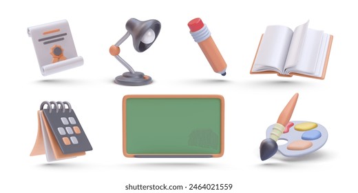 Set of education elements book, diploma, lamp, pencil, calendar, board, palette, diploma in 3d realistic style. Vector illustration