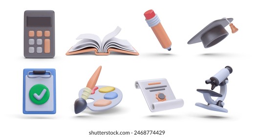 Set of education elements calculator, book, pencil, graduation cap, clipboard, brush, diploma, microscope in 3d realistic style. Vector illustration