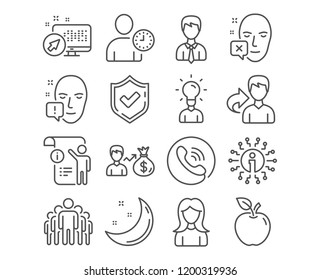 Set of Education, Face attention and Group icons. Face declined, Businessman and Time management signs. Sallary, Woman and Manual doc symbols. Human idea, Exclamation mark, Managers. Vector