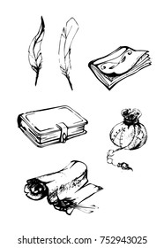 Set education. Feather, pile of old books, sack. Isolated on white background. Vector black vintage engraving illustration. Hand draw in a graphic style.