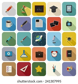 Set of education flat icon set with long shadow against white background