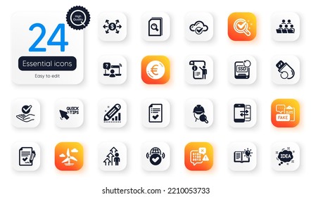 Set of Education flat icons. Inspect, Cloud computing and Teamwork elements for web application. Chemistry lab, Euro money, Phone communication icons. Flash memory, Approved checklist. Vector