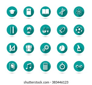 Set of education flat icons with long shadow on green background isolated on white
