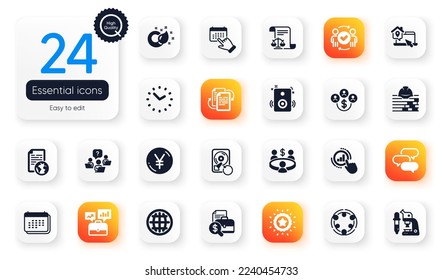 Juego de iconos planos de Educación. Burbuja de llamadas, elementos de trabajo en casa e inclusión para aplicaciones web. Estrella ganadora, iconos de informe de reunión y contabilidad. Oradores, recuperación hdd, elementos burocráticos. Vector