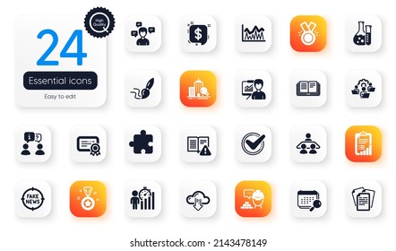 Set of Education flat icons. Teamwork, Calendar and Winner reward elements for web application. Honor, Puzzle, Conversation messages icons. Checklist, Certificate, Cloud download elements. Vector