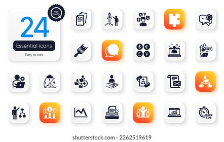 Juego de iconos planos de Educación. Equipo, tipo de cambio y elementos de rompecabezas para aplicaciones web. Algoritmo, letra de correo, iconos de mensajes de chat. Documentos, Contratación, elementos de consejos rápidos. Vector