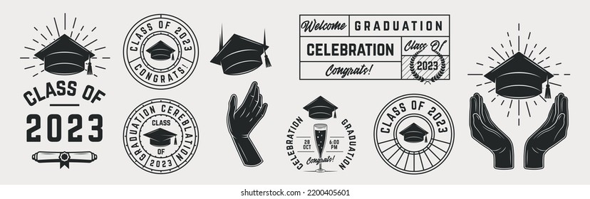 Set of Education, Graduation labels and icons. Graduation badges, hands with graduate cap. Vintage elements for design logo, poster, print for t-shirt. Vector illustration