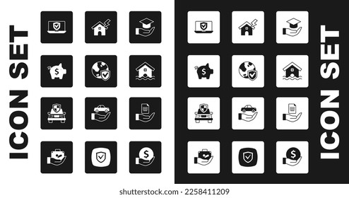 Establezca la subvención de educación, Escudo con el mundo entero, Piggy bank, Insurance online, House flood, y lightning, Mano de contrato e icono de seguro de automóvil. Vector