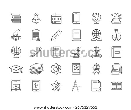 Set of education icon design. Academy, award, book, diploma, document, learning, note, page, hat symbol
